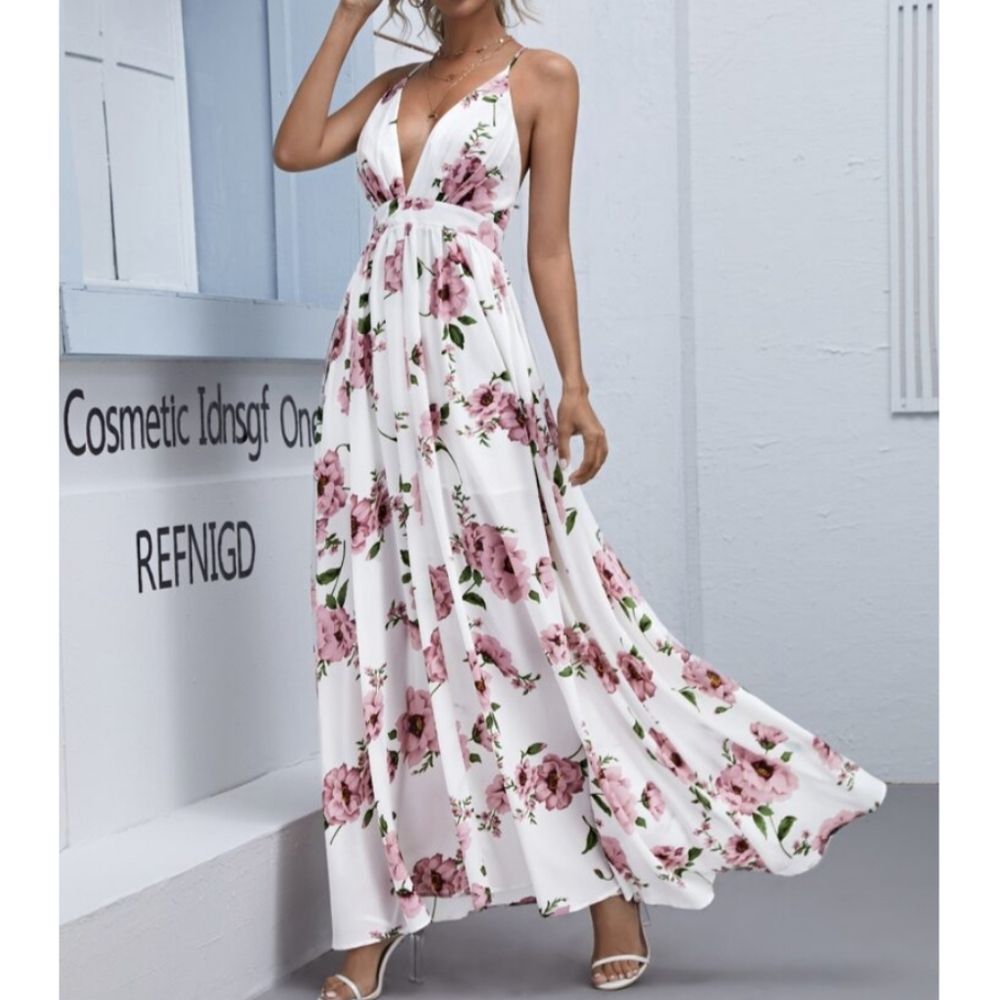 NWOT SHEIN Plunging Neck Crisscross Backless Pink White Floral Maxi Dress, XS